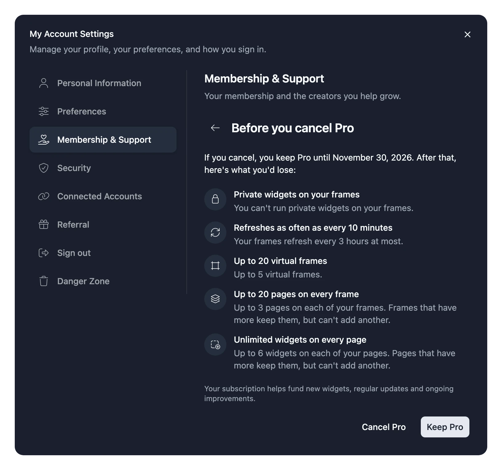 The Cancel Pro dialog, listing what ends with Pro, with a Cancel Pro button