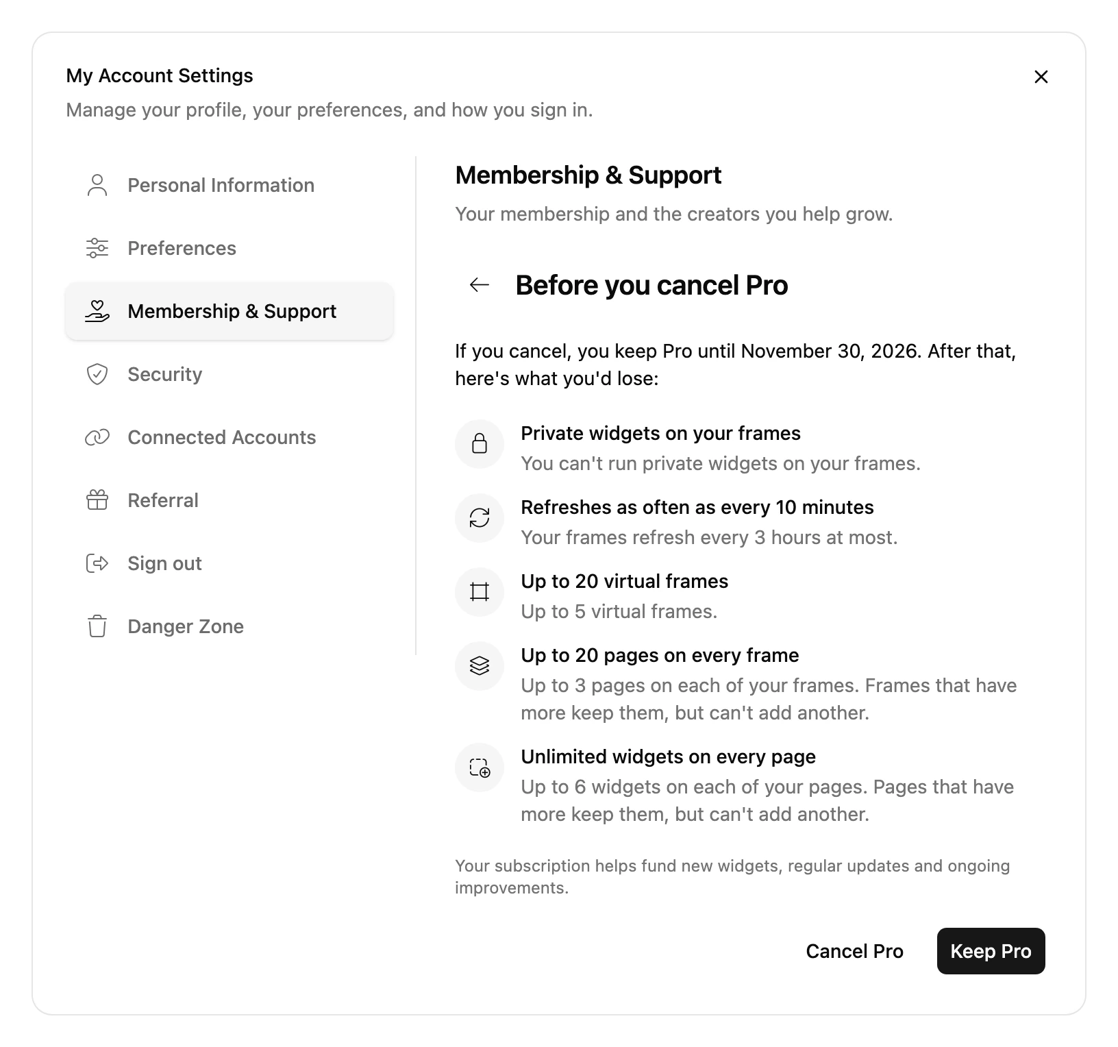 The Cancel Pro dialog, listing what ends with Pro, with a Cancel Pro button