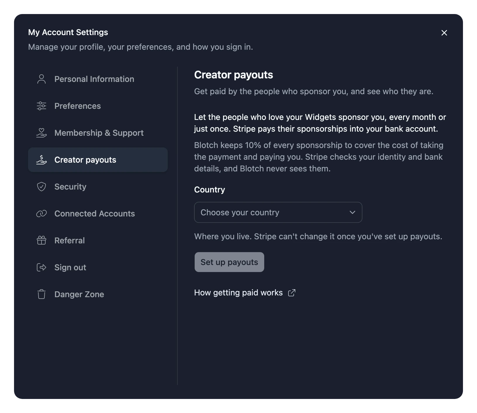 The Creator payouts tab of My Account Settings, with a country to choose and a Set up payouts button