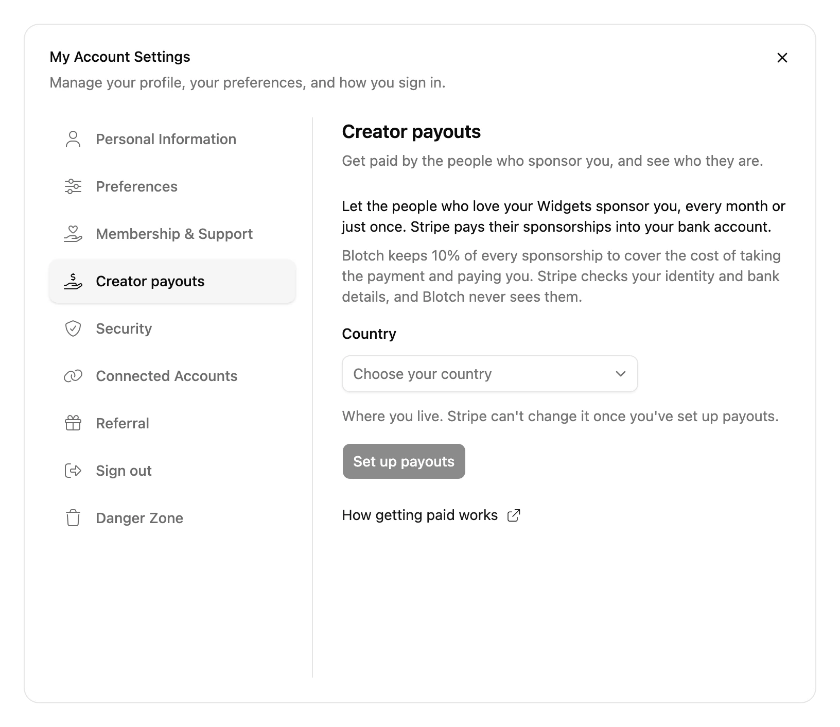 The Creator payouts tab of My Account Settings, with a country to choose and a Set up payouts button