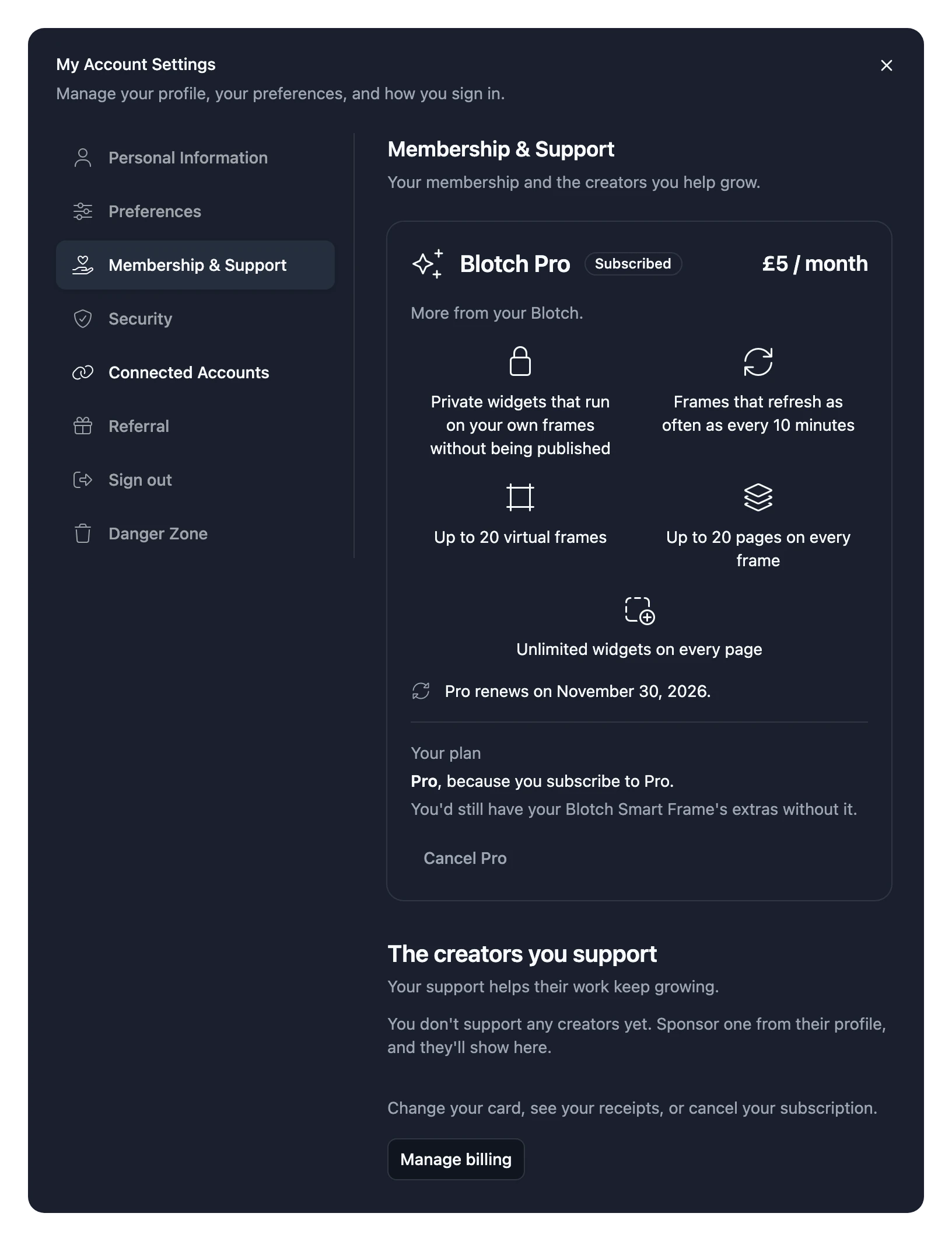 The Membership & Support tab for a Pro account: You're Pro, with Manage billing and Cancel Pro buttons