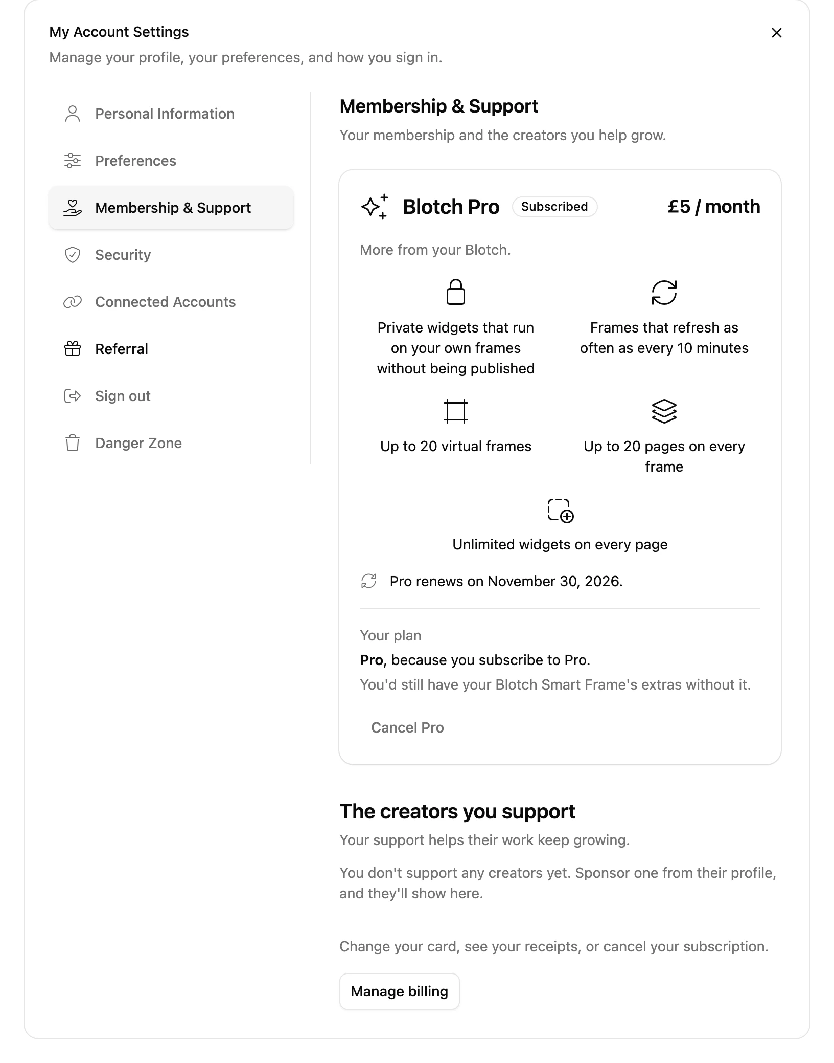 The Membership & Support tab for a Pro account: You're Pro, with Manage billing and Cancel Pro buttons