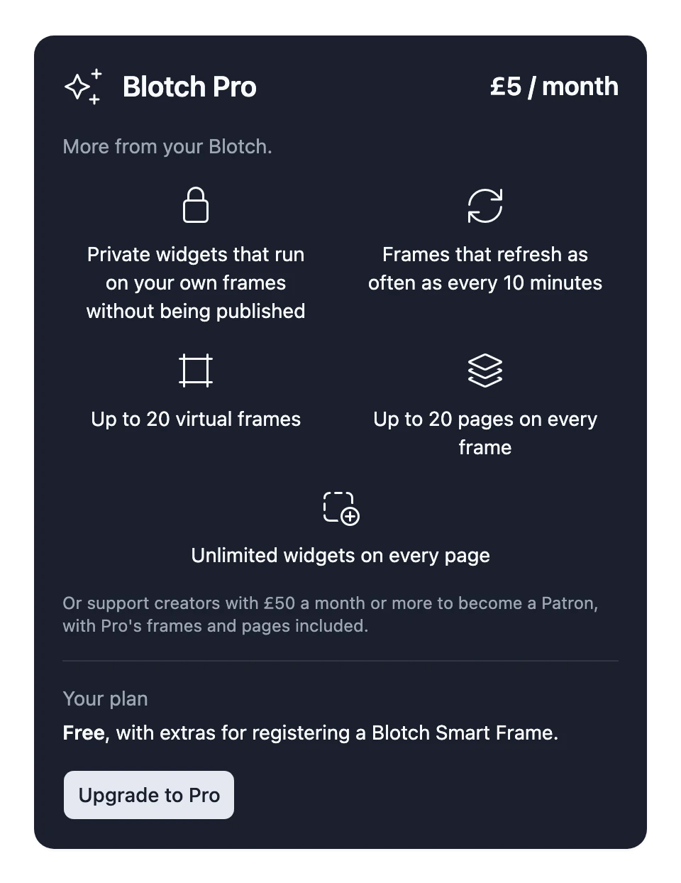 The Blotch Pro offer on the Membership & Support tab, with its price and an Upgrade to Pro button