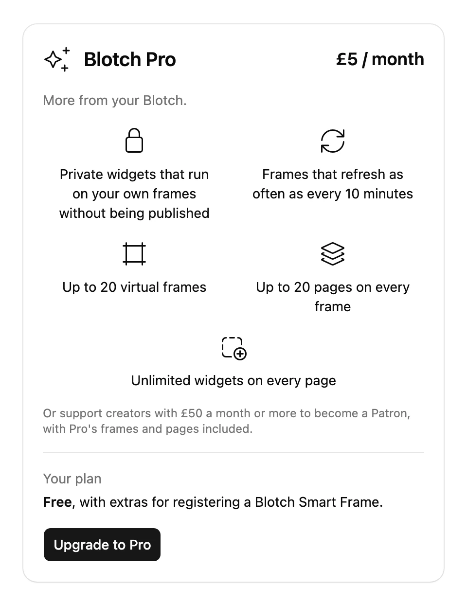 The Blotch Pro offer on the Membership & Support tab, with its price and an Upgrade to Pro button