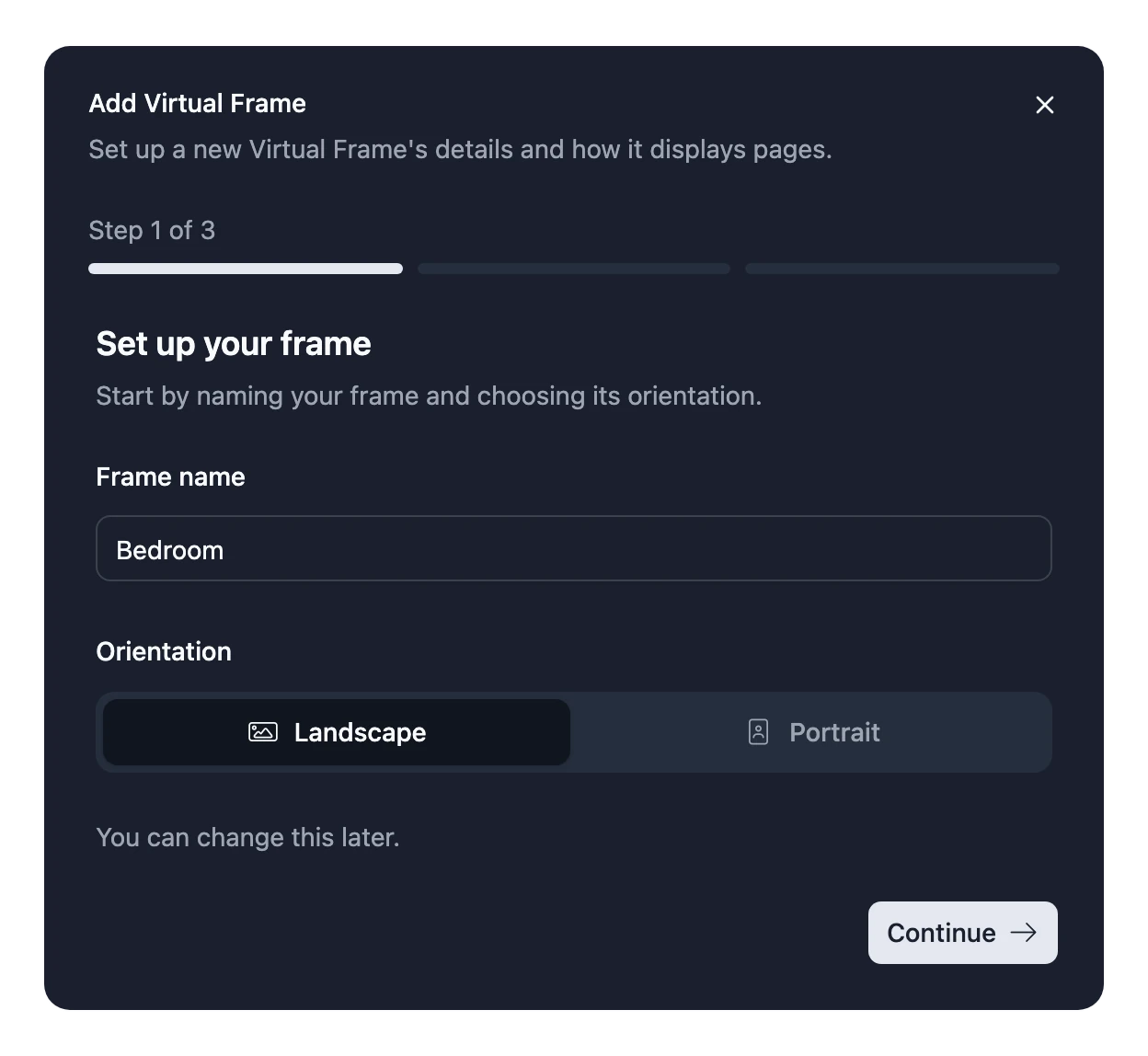 Step 1 of 3 of Add Virtual Frame: the Frame's name and orientation