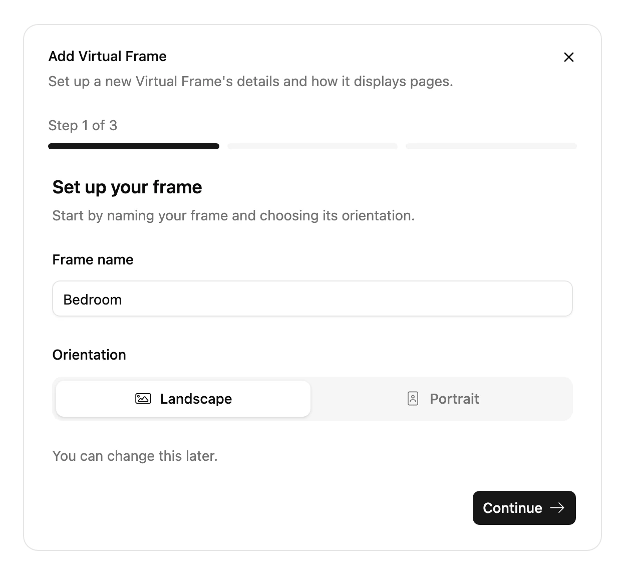 Step 1 of 3 of Add Virtual Frame: the Frame's name and orientation