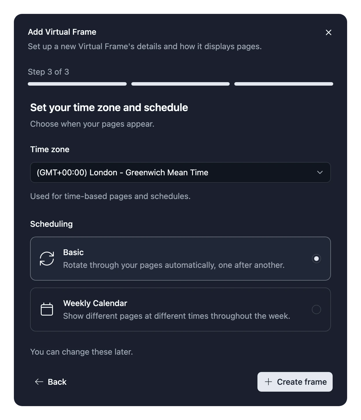 Step 3 of 3 of Add Virtual Frame: its theme, time zone and scheduling, with a Create frame button