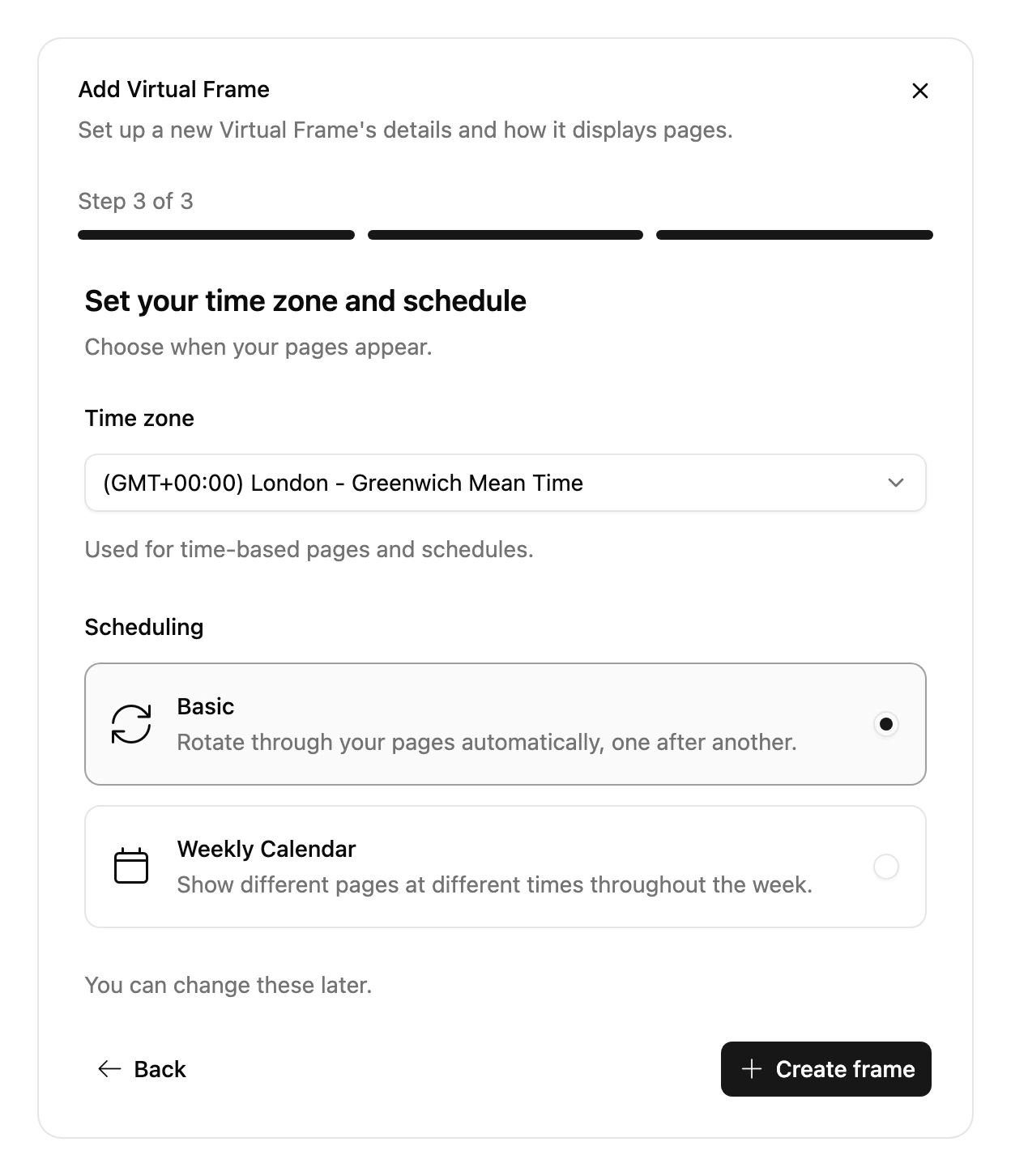 Step 3 of 3 of Add Virtual Frame: its theme, time zone and scheduling, with a Create frame button