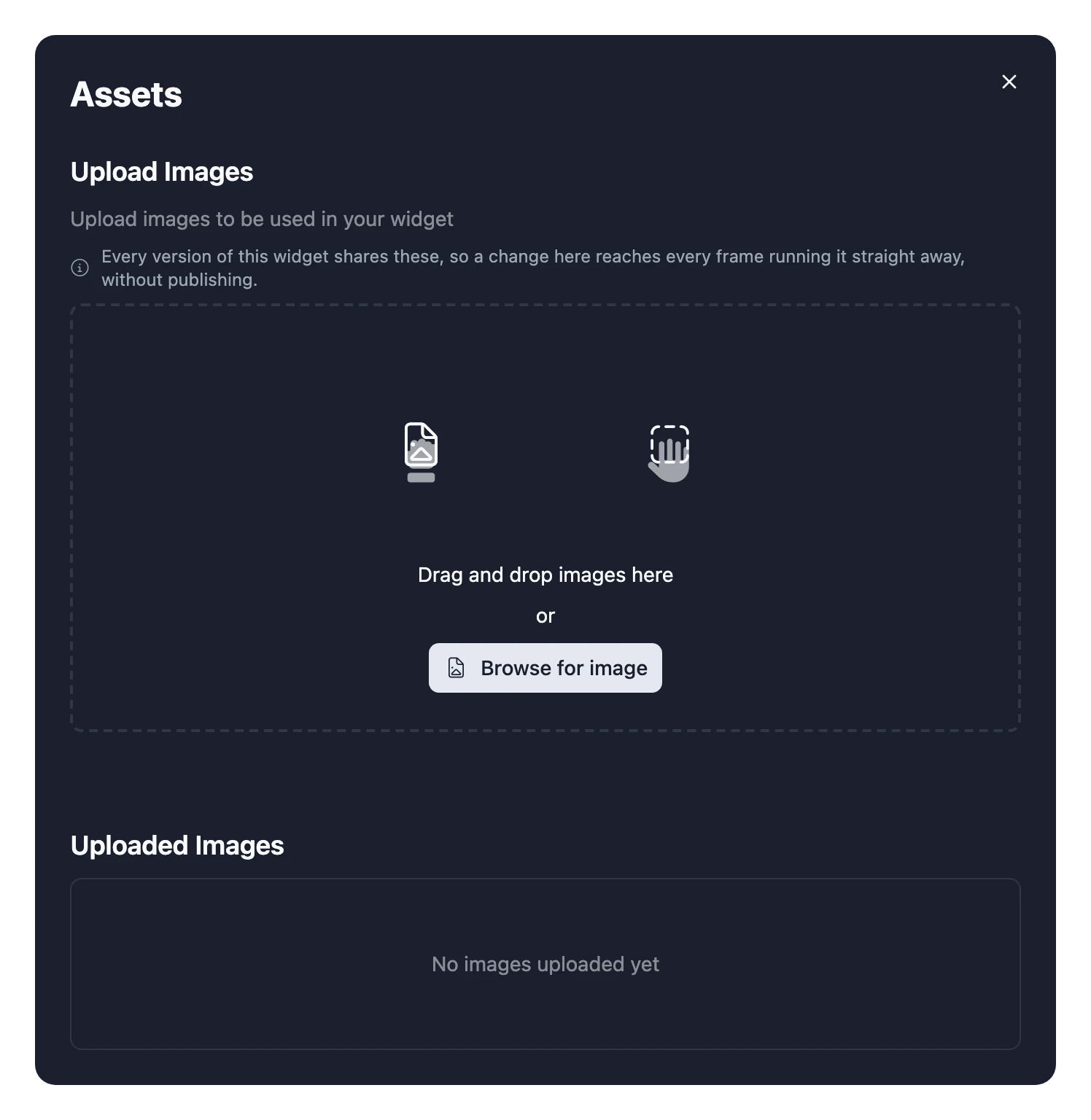 The Assets dialog, with Upload Images to drag onto and a Browse for image button, and no images uploaded yet