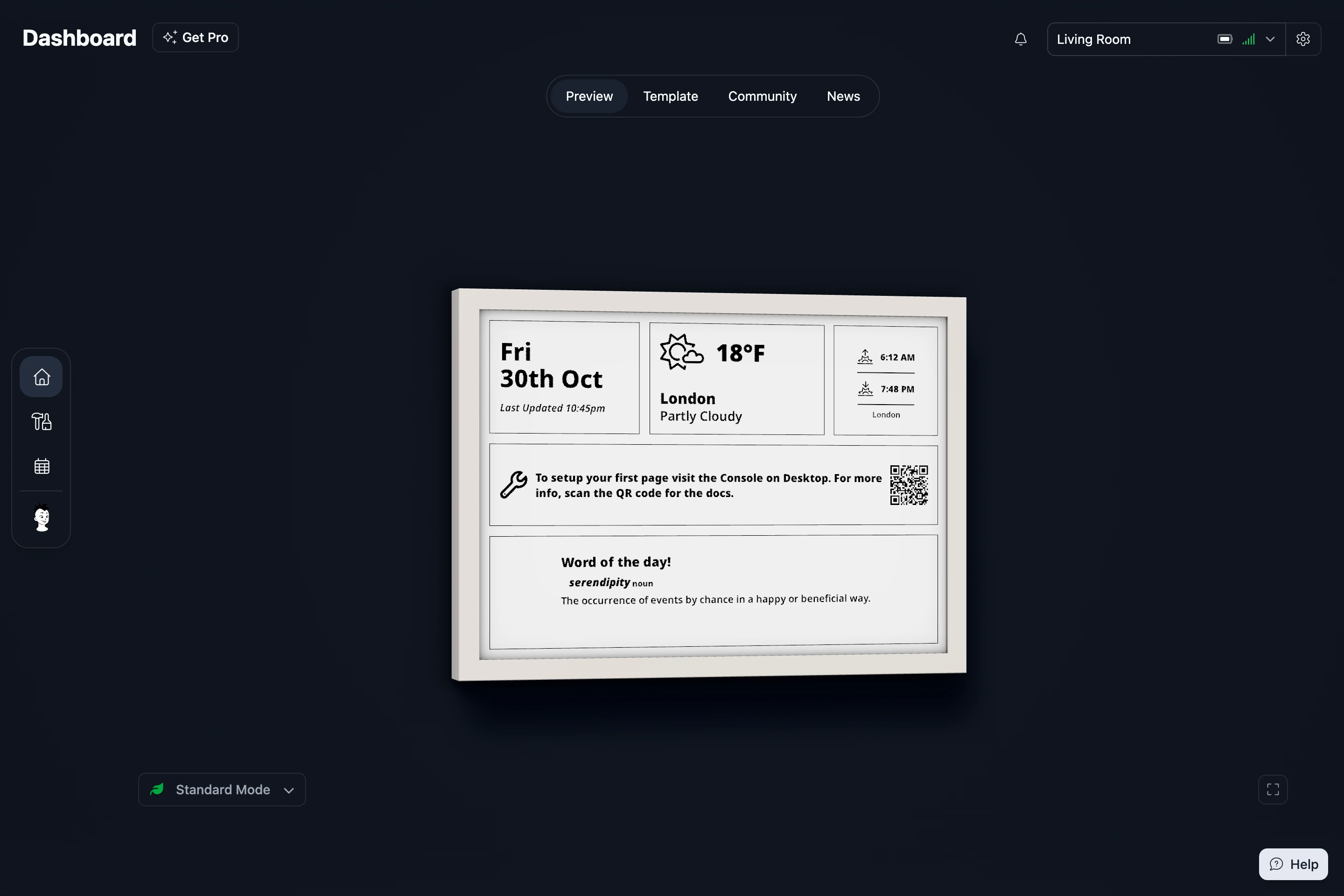 The Console's dashboard: the Frame's preview, showing its Example Page, with the refresh mode under it and the frame selector at the top right
