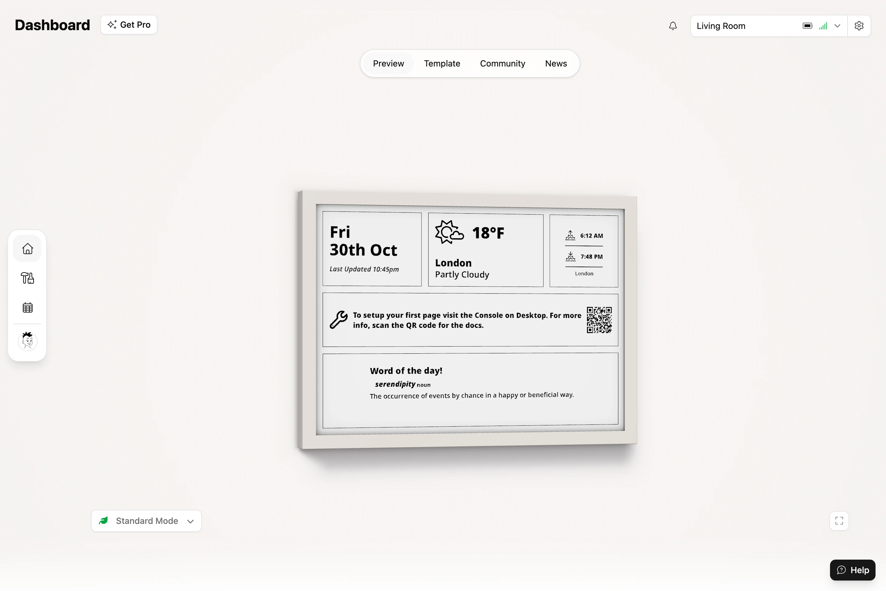 The Console's dashboard: the Frame's preview, showing its Example Page, with the refresh mode under it and the frame selector at the top right