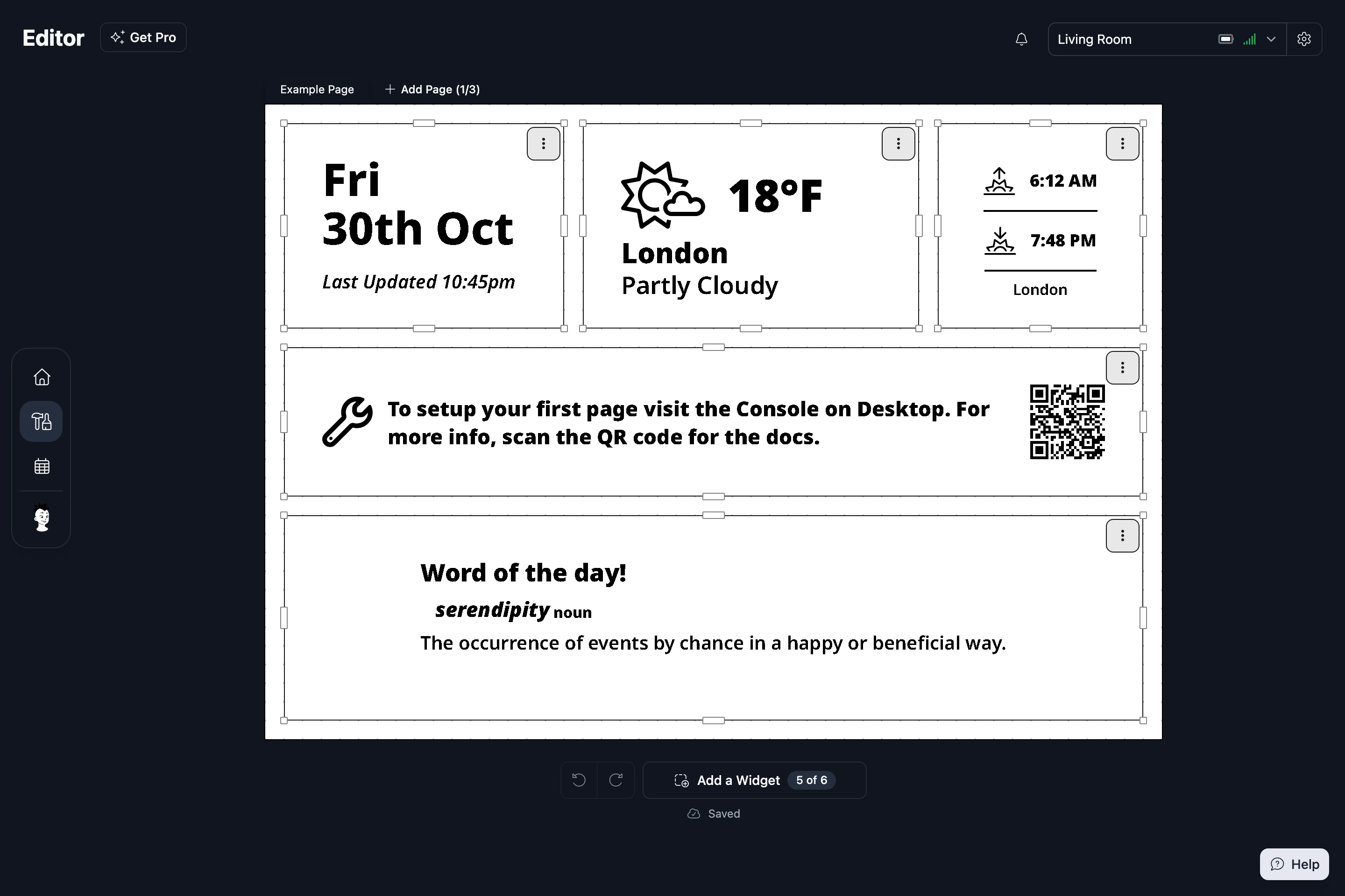 The Editor: the Frame's Page as a canvas of Widgets, with a tab for each Page above it and the Add a Widget, Undo and Redo buttons under it