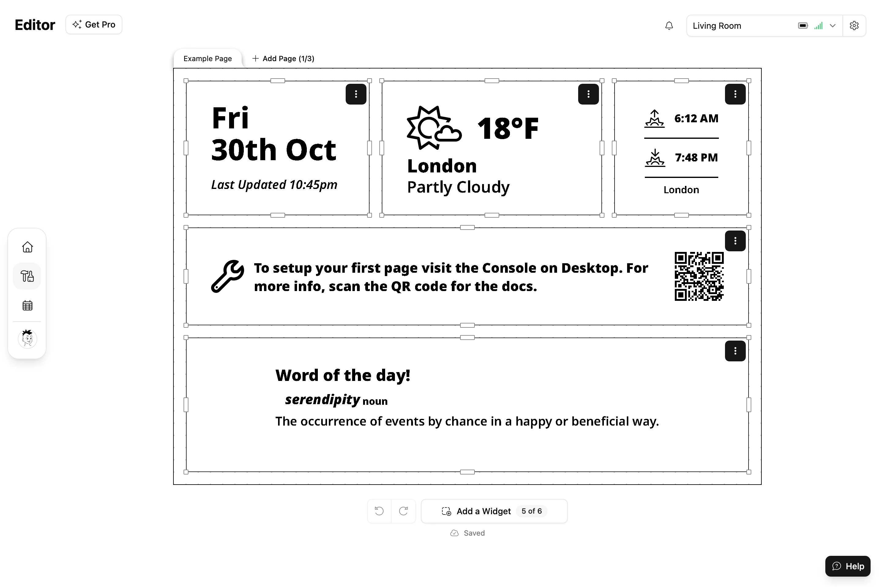 The Editor: the Frame's Page as a canvas of Widgets, with a tab for each Page above it and the Add a Widget, Undo and Redo buttons under it