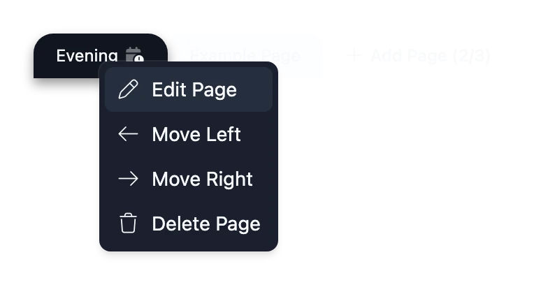 The menu that opens when you right-click a Page tab: Edit Page, Move Left, Move Right and Delete Page