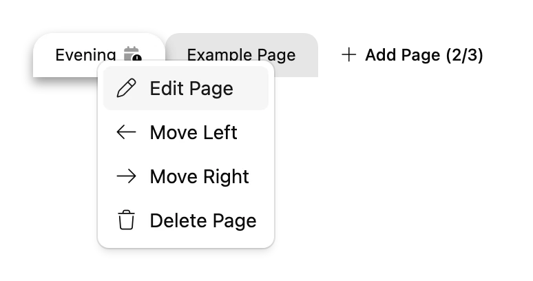 The menu that opens when you right-click a Page tab: Edit Page, Move Left, Move Right and Delete Page