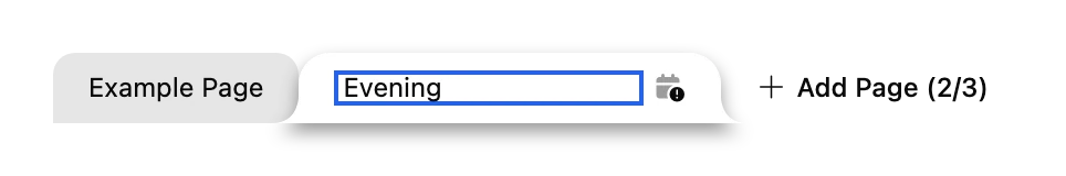 A Page tab being renamed in place, with Evening typed over its name