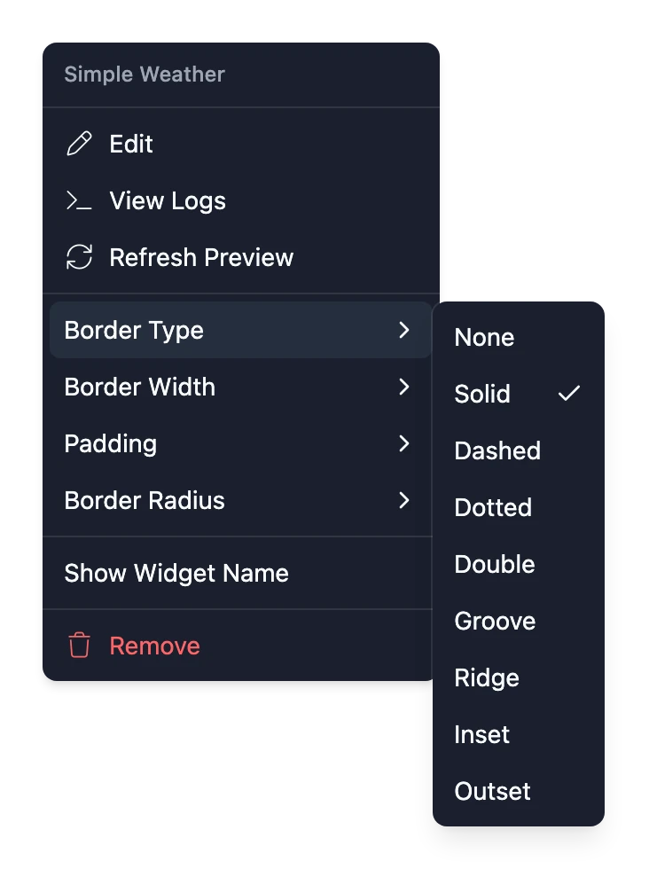 The Border Type submenu of a Widget's menu, listing None, Solid, Dashed, Dotted, Double, Groove, Ridge, Inset and Outset
