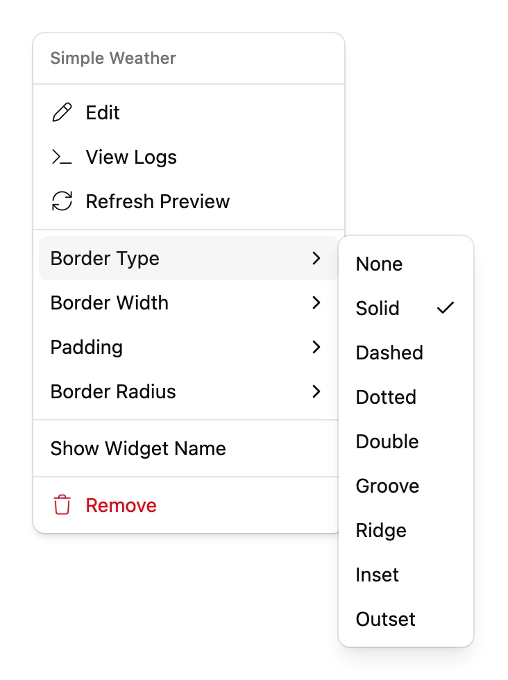 The Border Type submenu of a Widget's menu, listing None, Solid, Dashed, Dotted, Double, Groove, Ridge, Inset and Outset