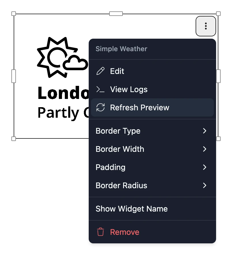 A Widget on the canvas with its menu open, with Edit and View Logs at the top