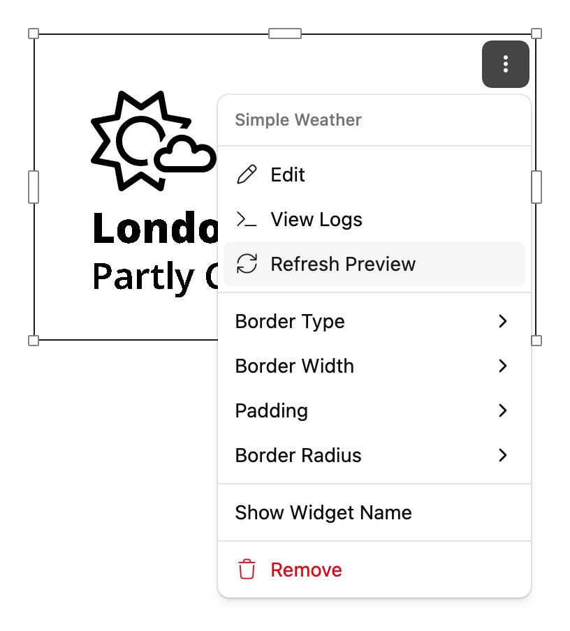 A Widget on the canvas with its menu open, with Edit and View Logs at the top