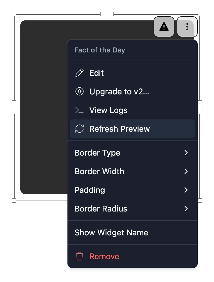 A Widget's menu in the Editor, with Upgrade to v2.0.0 at the top