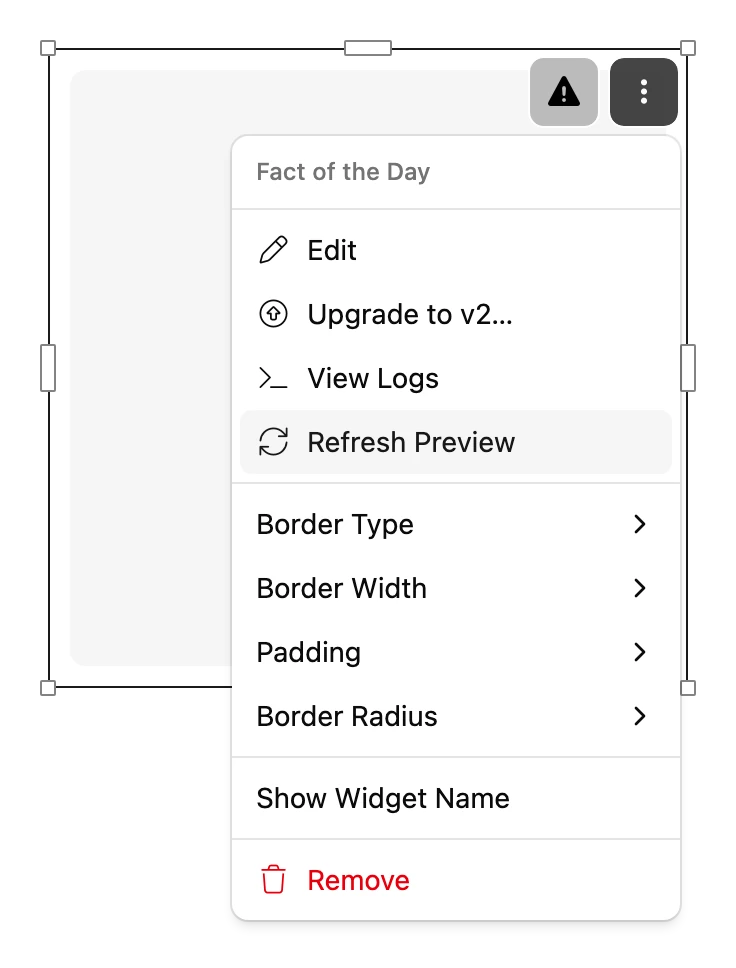 A Widget's menu in the Editor, with Upgrade to v2.0.0 at the top