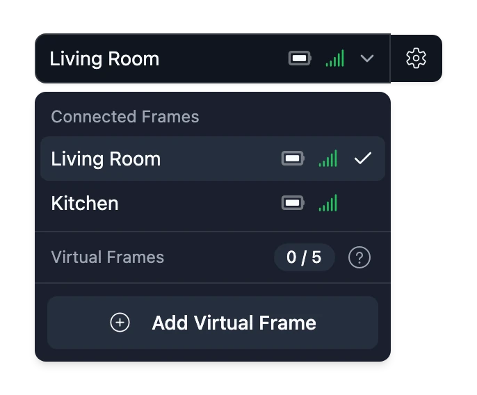 The frame selector open, listing Connected Frames and Virtual Frames with how many of the allowance are used, and an Add Virtual Frame button