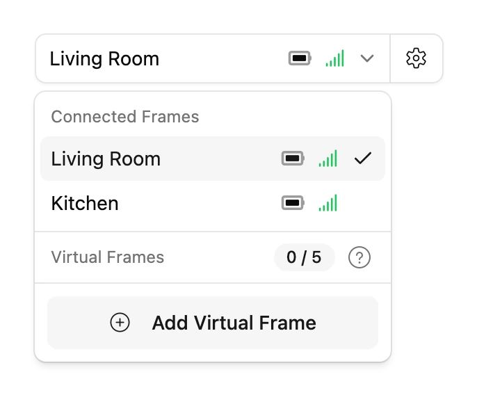 The frame selector open, listing Connected Frames and Virtual Frames with how many of the allowance are used, and an Add Virtual Frame button