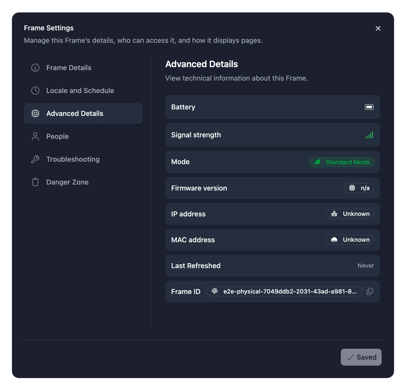 The Advanced Details tab of Frame Settings, listing the Frame's battery, signal, mode, software version, addresses and ID