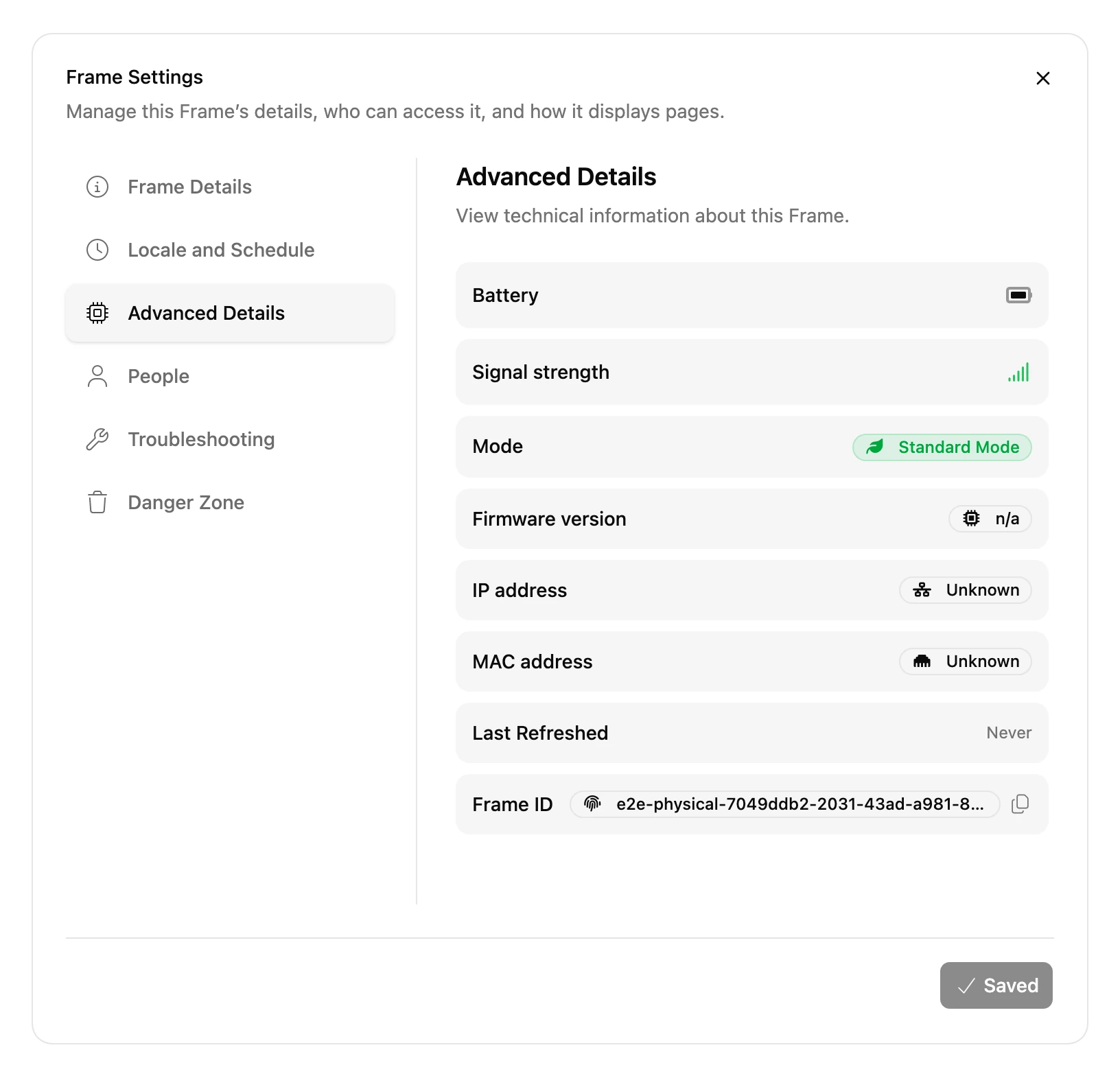 The Advanced Details tab of Frame Settings, listing the Frame's battery, signal, mode, software version, addresses and ID