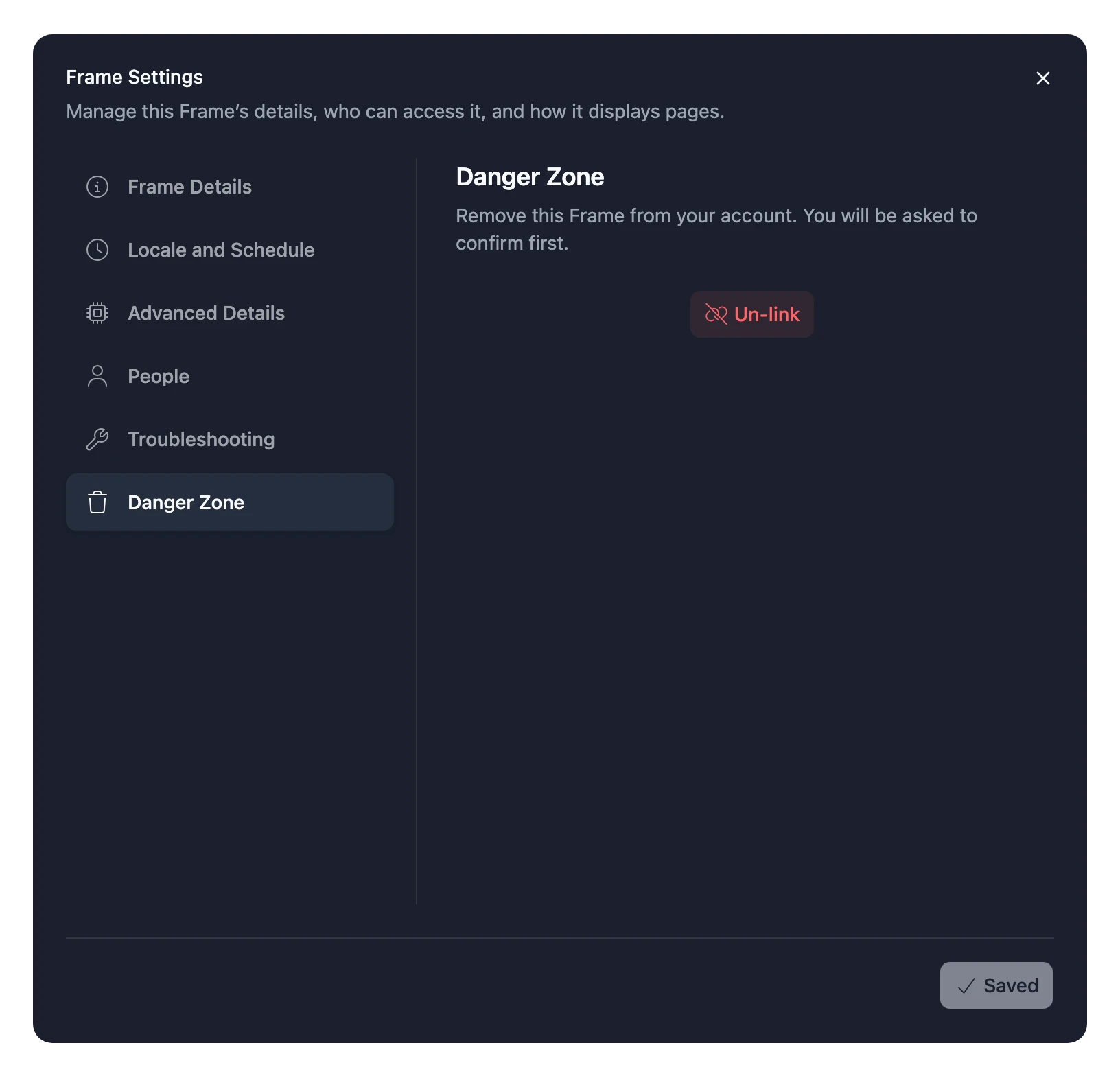 The Danger Zone tab of a Blotch Smart Frame's settings, with the Un-link button