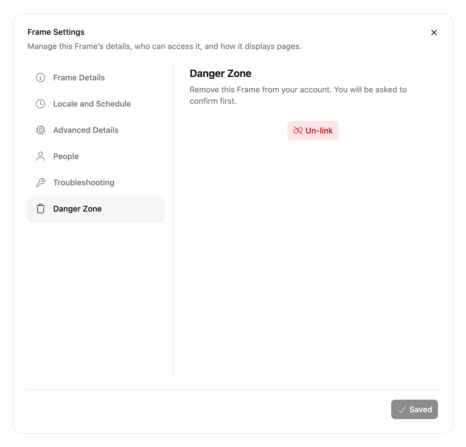 The Danger Zone tab of a Blotch Smart Frame's settings, with the Un-link button