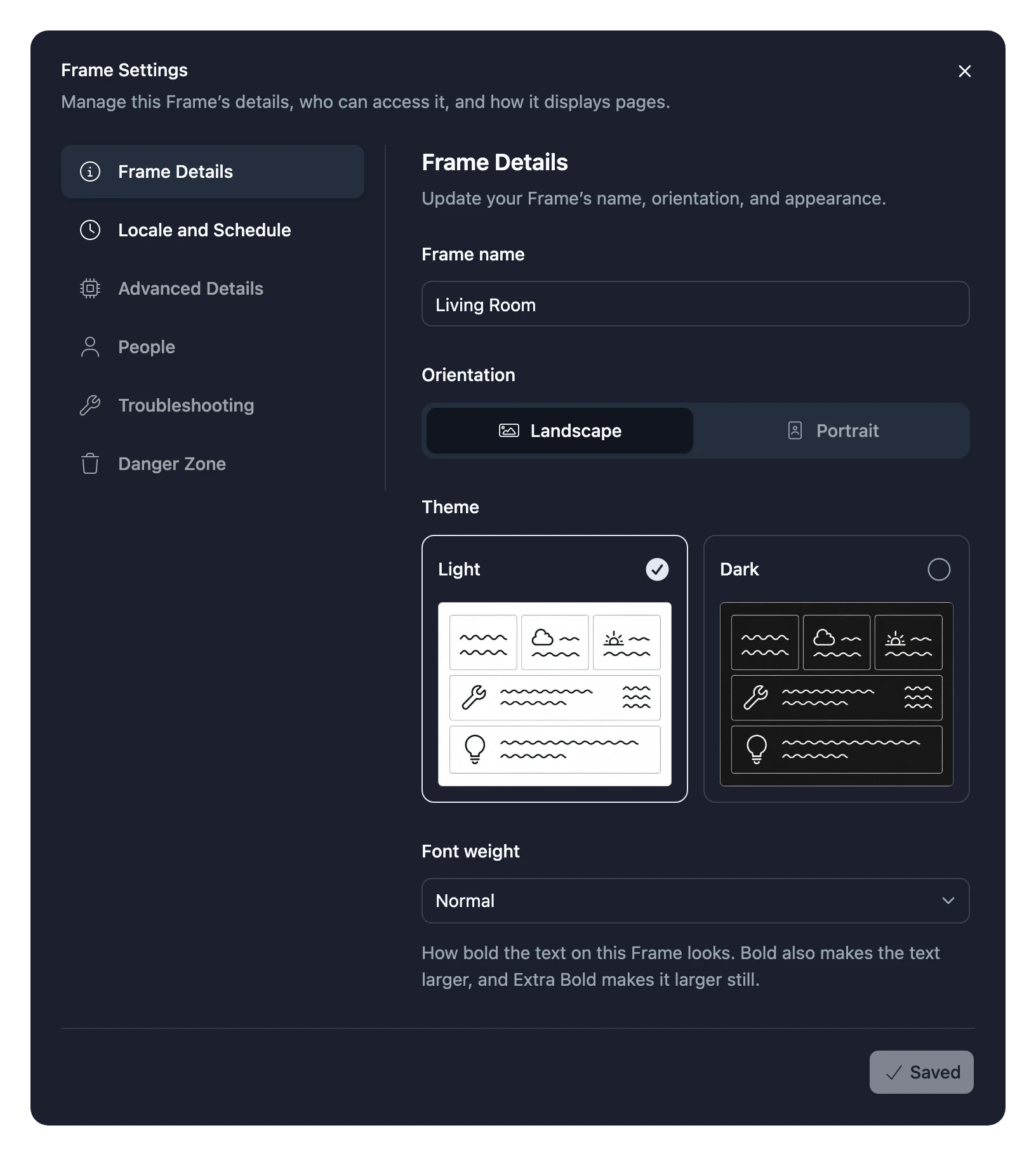 The Frame Details tab of Frame Settings: Frame name, Orientation, Theme and Font weight