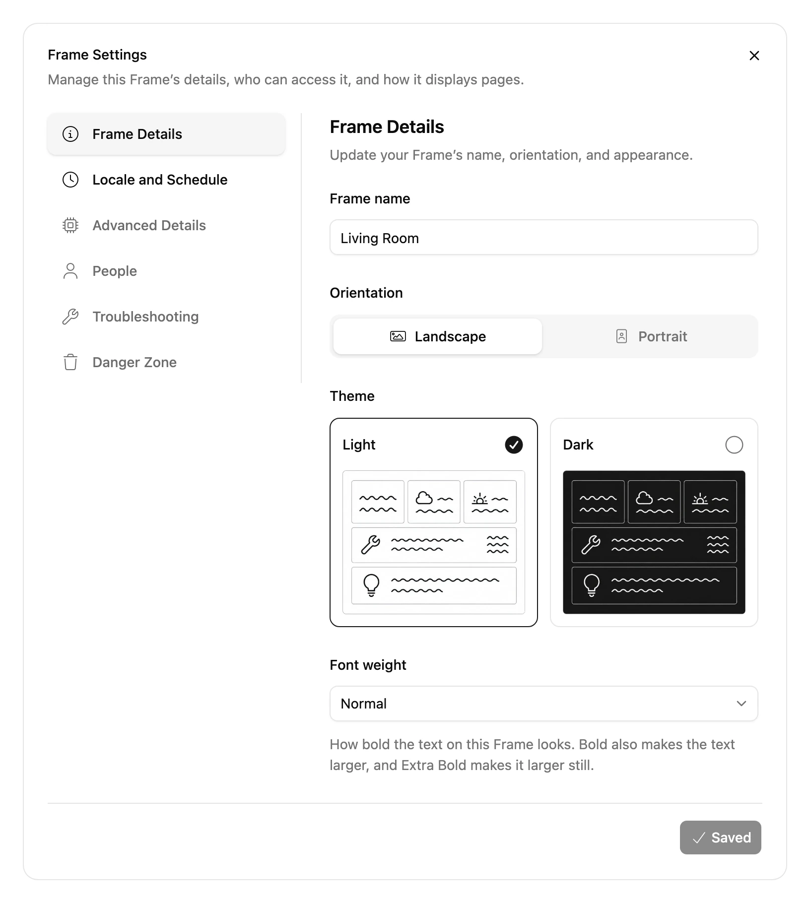 The Frame Details tab of Frame Settings: Frame name, Orientation, Theme and Font weight