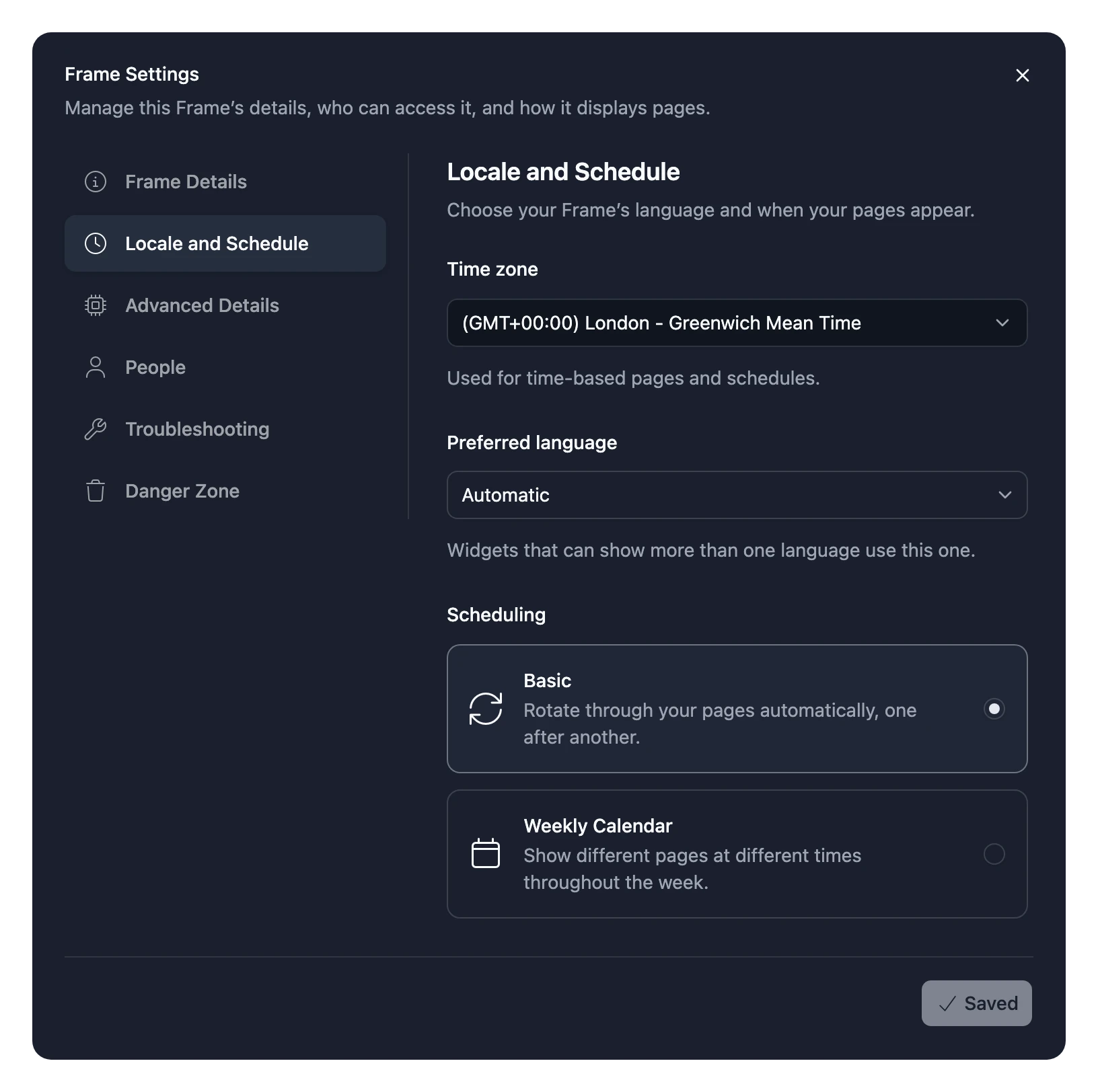 The Locale and Schedule tab of Frame Settings: Time zone, Preferred language and Scheduling