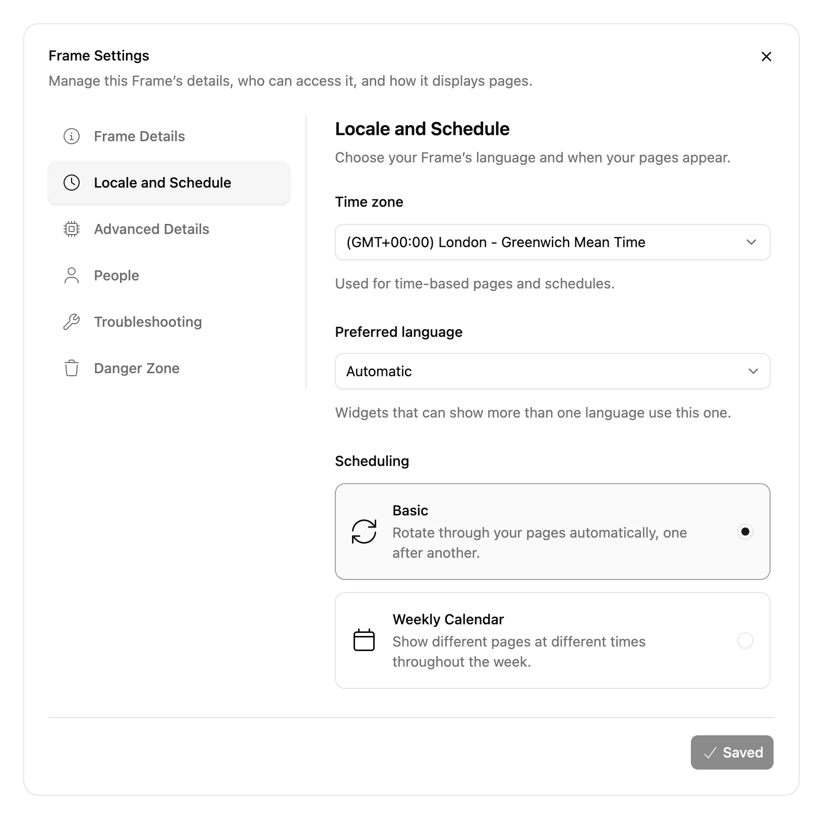 The Locale and Schedule tab of Frame Settings: Time zone, Preferred language and Scheduling