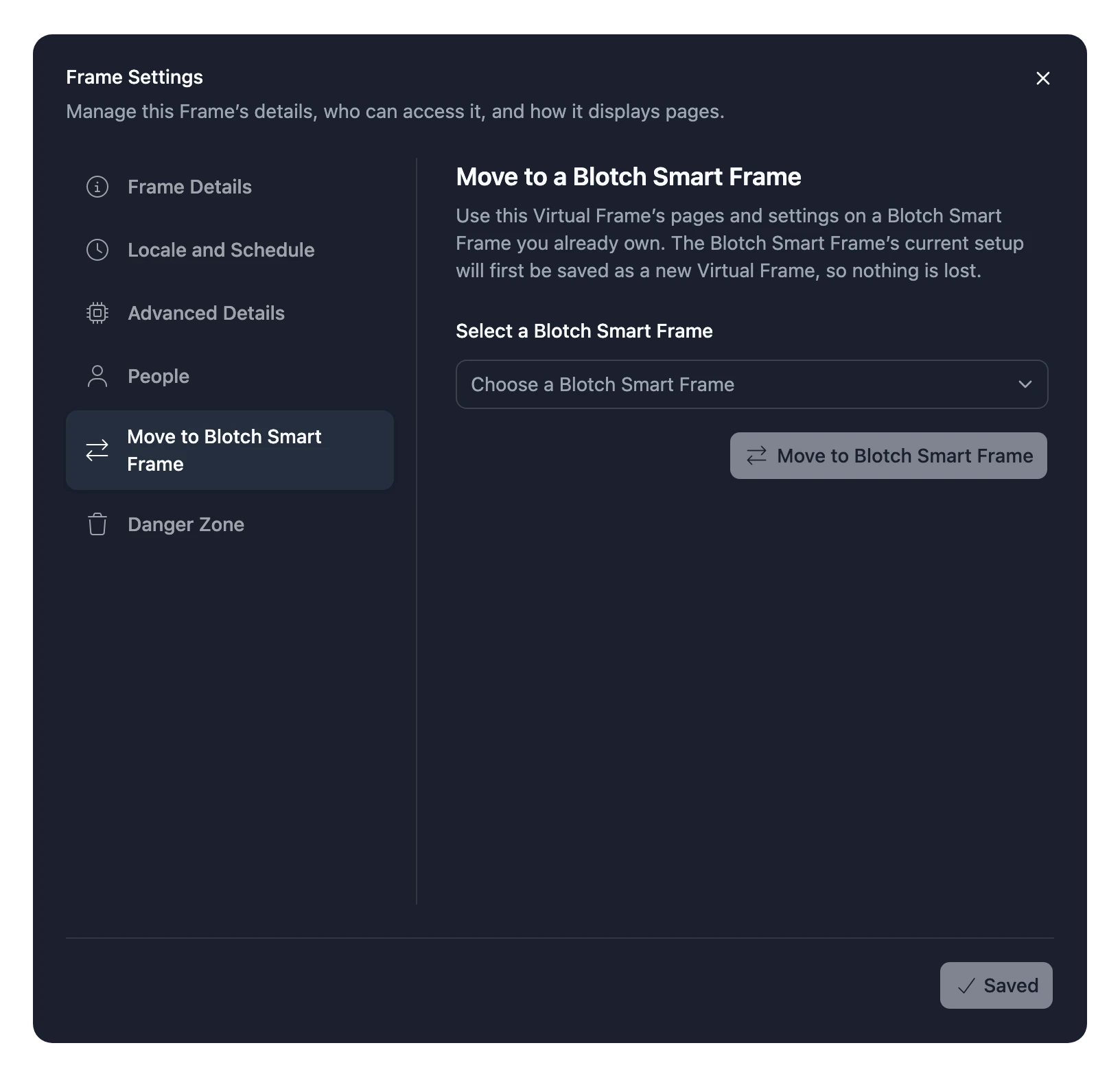 The Move to Blotch Smart Frame tab of a Virtual Frame's settings