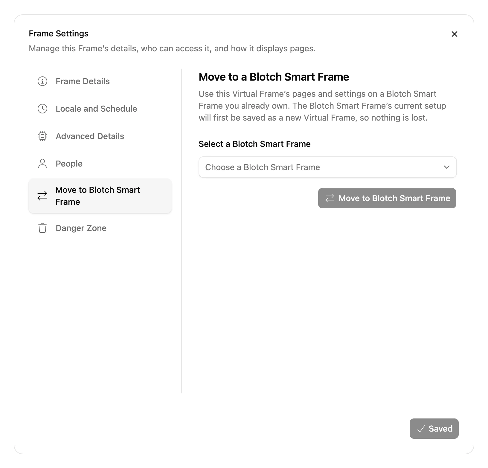 The Move to Blotch Smart Frame tab of a Virtual Frame's settings