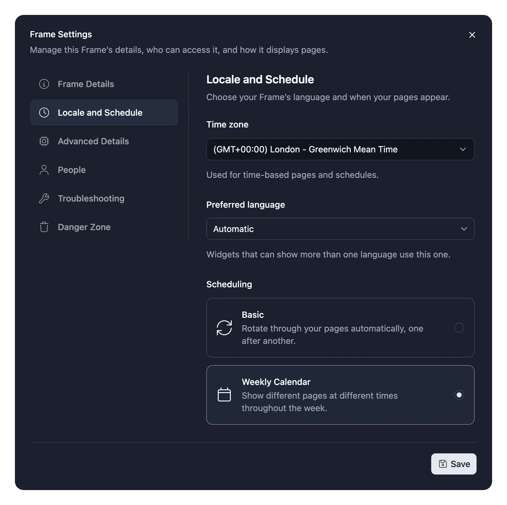 The Locale and Schedule tab of Frame Settings, with Scheduling set to Weekly Calendar