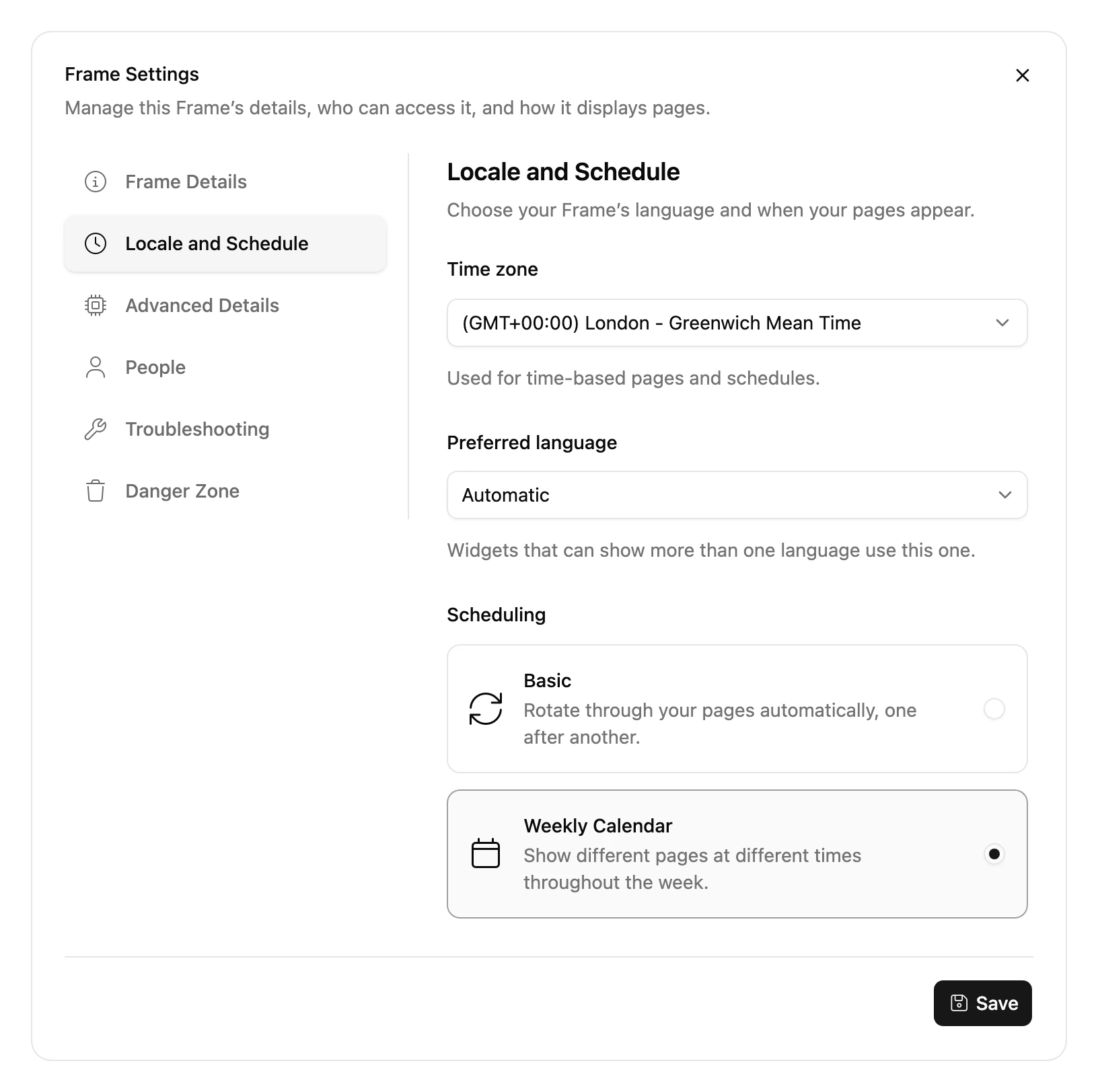 The Locale and Schedule tab of Frame Settings, with Scheduling set to Weekly Calendar