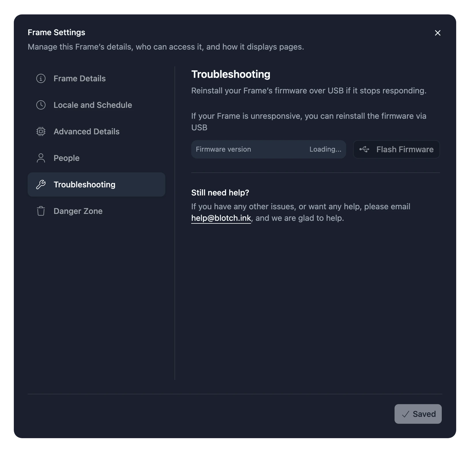 The Troubleshooting tab of a Blotch Smart Frame's settings, which reinstalls its software over USB