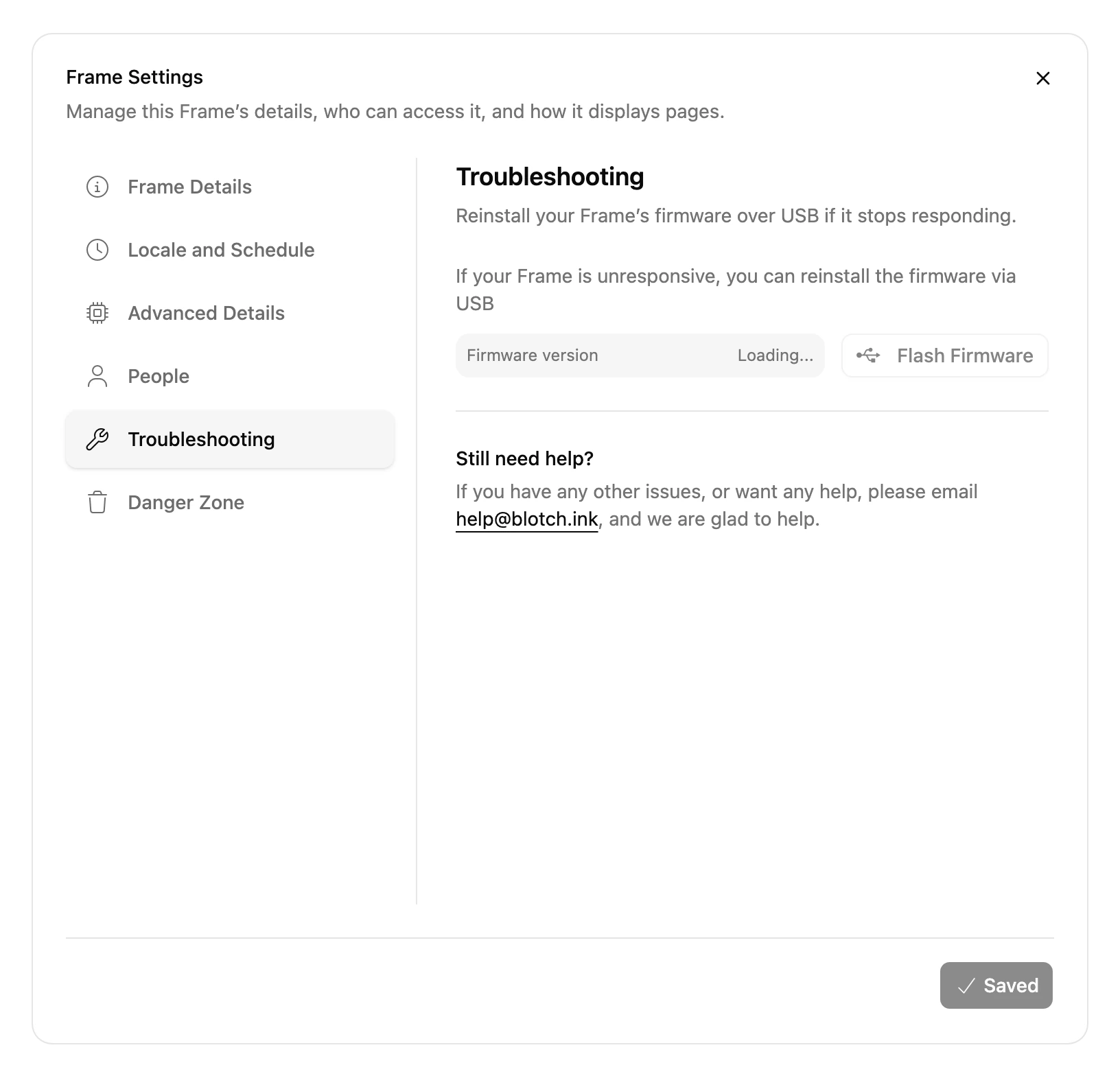 The Troubleshooting tab of a Blotch Smart Frame's settings, which reinstalls its software over USB