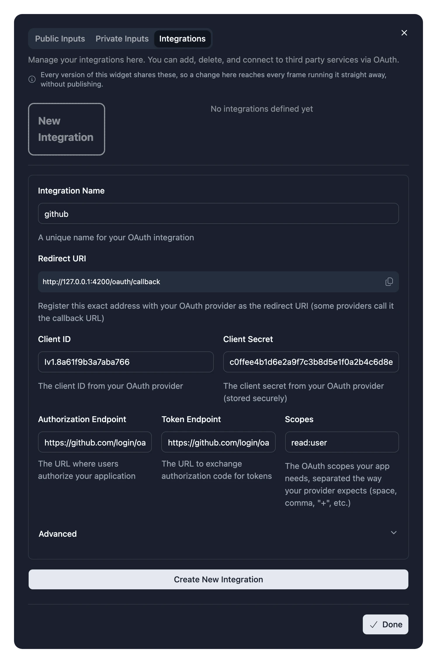 The Integrations tab of the Inputs dialog, with the form for a new Integration: its name, client ID and secret, endpoints and scopes