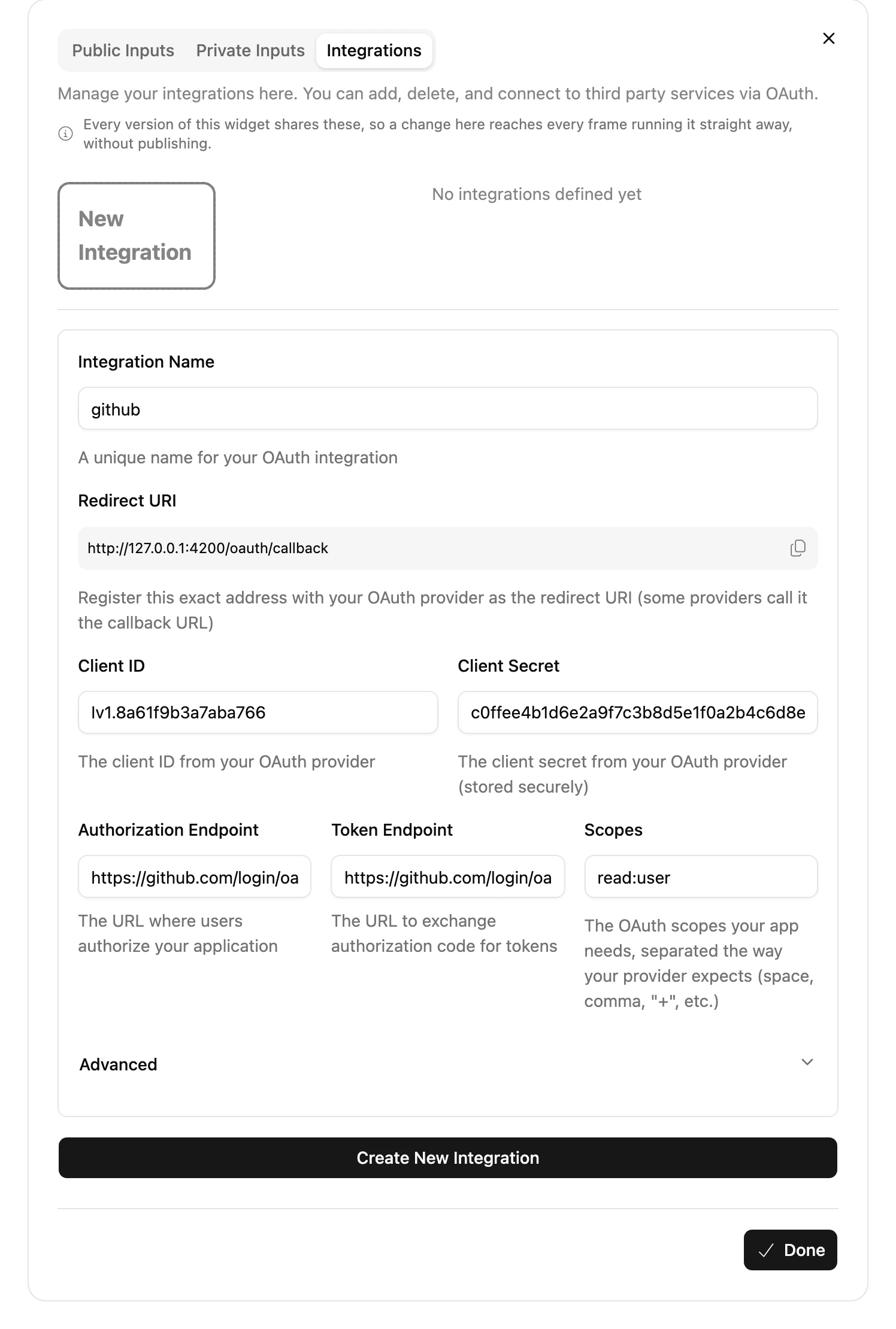 The Integrations tab of the Inputs dialog, with the form for a new Integration: its name, client ID and secret, endpoints and scopes