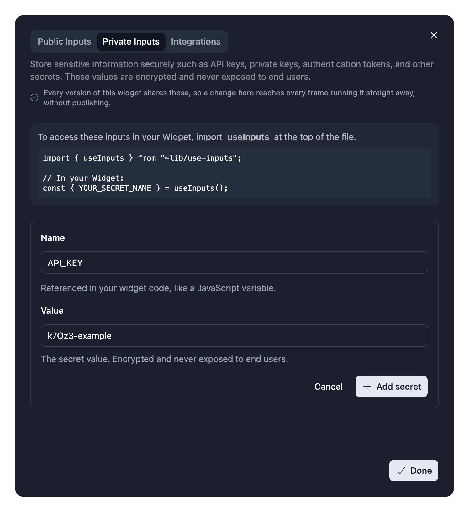 The Private Inputs tab of the Inputs dialog, with a new secret named API_KEY and its value, and an Add secret button