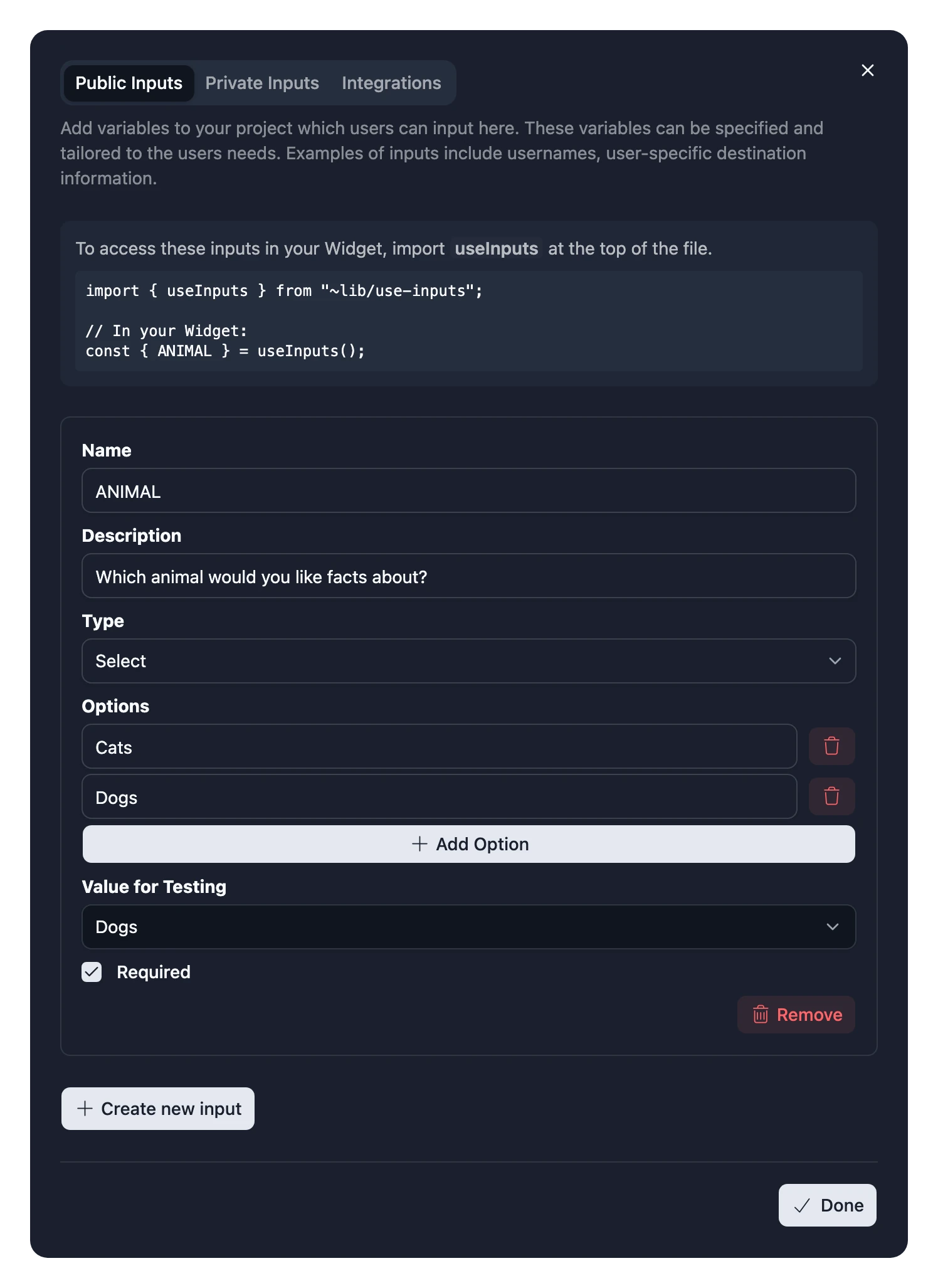 The Inputs dialog on its Public Inputs tab, with an Input's name, description, type, options, whether it's required, and a value for testing