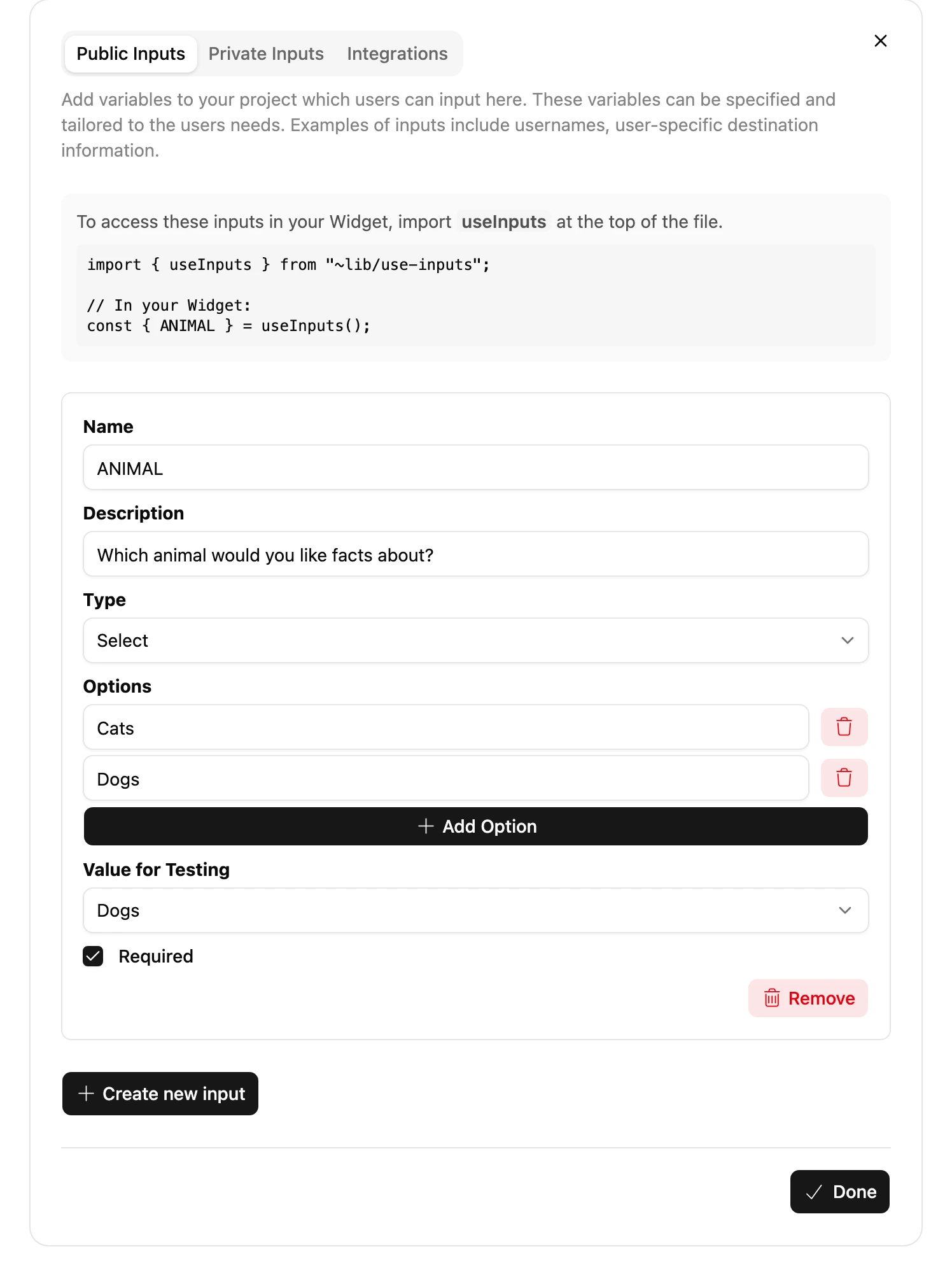 The Inputs dialog on its Public Inputs tab, with an Input's name, description, type, options, whether it's required, and a value for testing