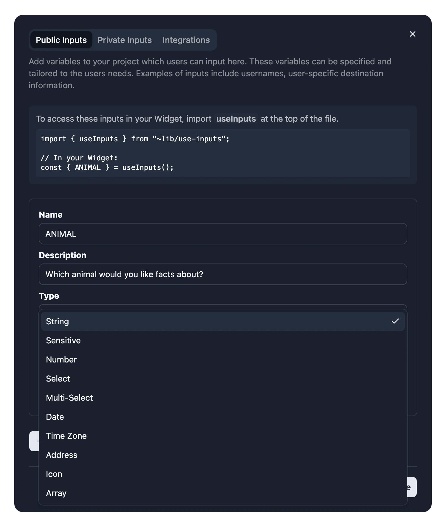 The Inputs dialog with an Input's Type list open, listing every type