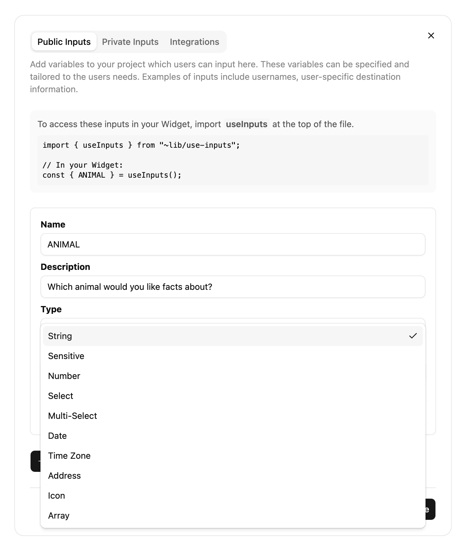 The Inputs dialog with an Input's Type list open, listing every type