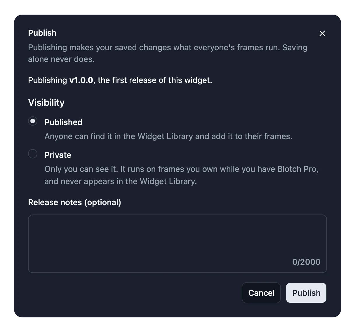 The Publish dialog, releasing version 1.0.0, with Published or Private to choose from and a Publish button